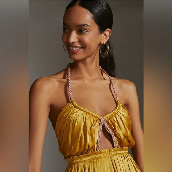 🎸ANTHROPOLOGIE🎸🔥NWT🔥Silk Colorblocked Maxi Dress in Gold— Size 4
